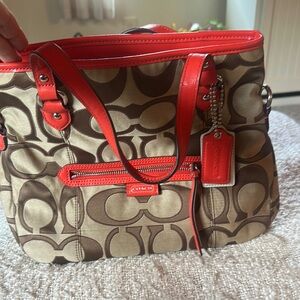 Coach Brown and Red Signature Tote